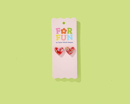 Stud Earrings - Acrylic Hearts - Red + Pink Confetti