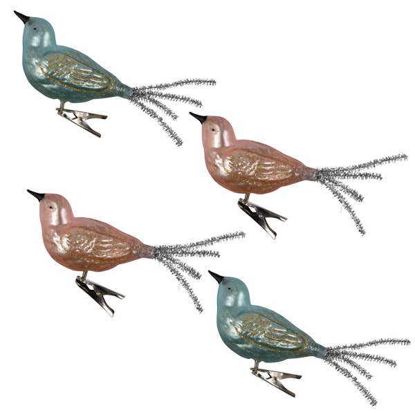 Green and Pink Glass Bird Clip Ornaments, Set of 4, 5.5"L