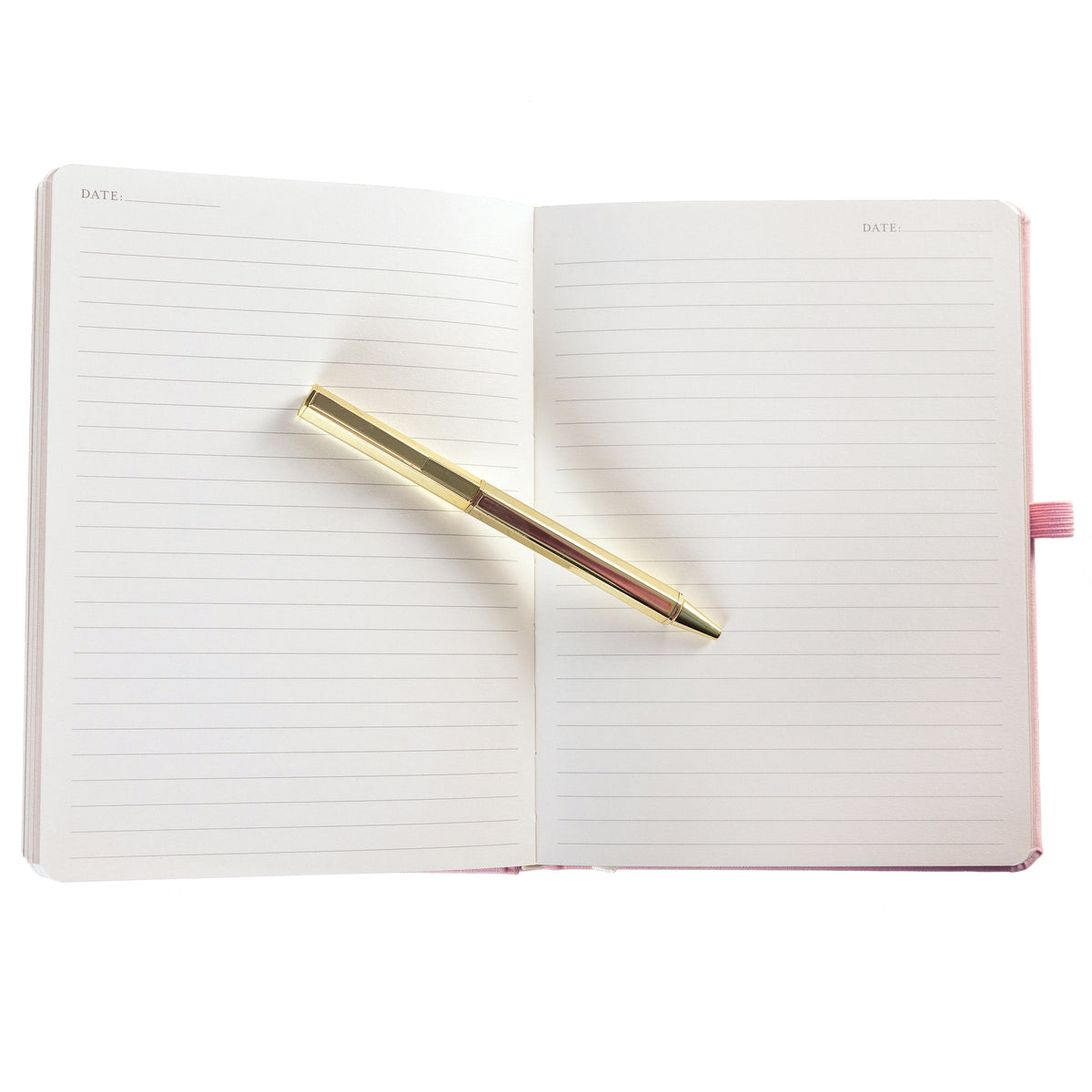 La Petite Presse Hummingbird Fabric-Bound Journal with Pen, A pink fabric journal with a gold foil hummingbird on the cover, paired with a gold twist pen tucked into a loop at the spine.