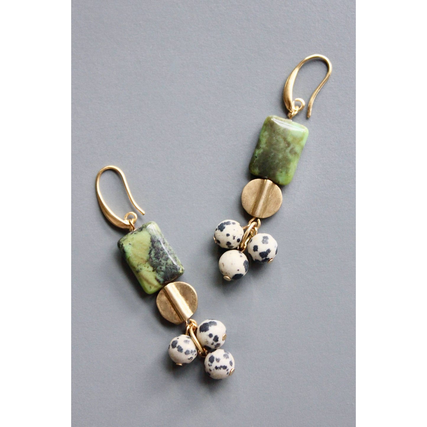 Green and Dalmatian Jasper Dangle Earrings