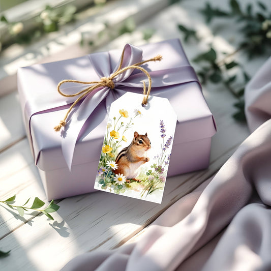 Chipmunk in Wildflowers Gift Tags Set of 8 with Kraft Twine