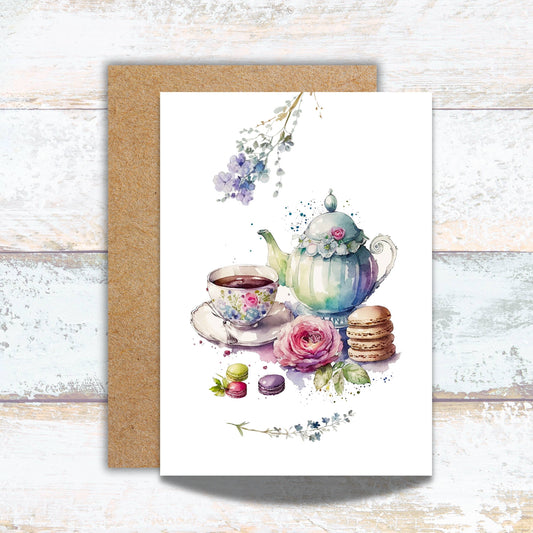 Antique Tea Cup and Macarons Watercolor Greeting Card