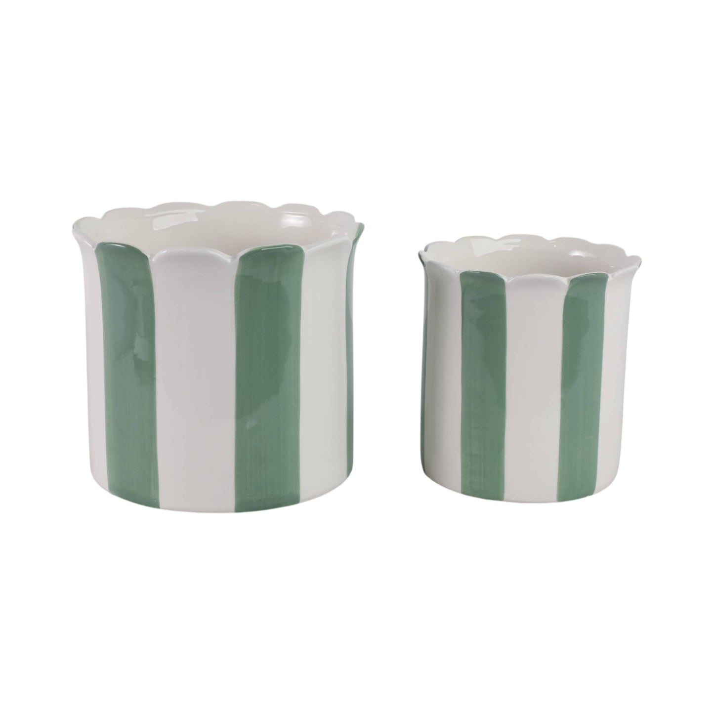 Sagebrook Home - Planters Set of 2 - Green/White Ceramic Striped, 6/8 in.