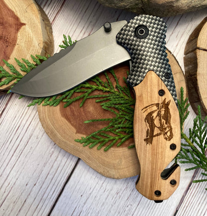 Quail Tail Laser Art - Horse Head Knife