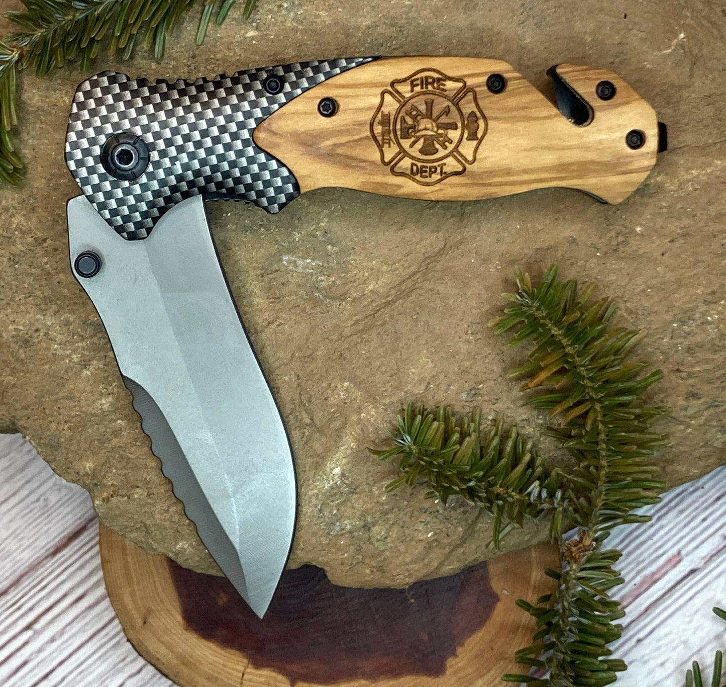 Firefighter Emblem Knife -Quail Tail Laser Art