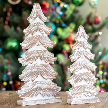 Wooden Carved Fir Tabletop Tree, Set of 2