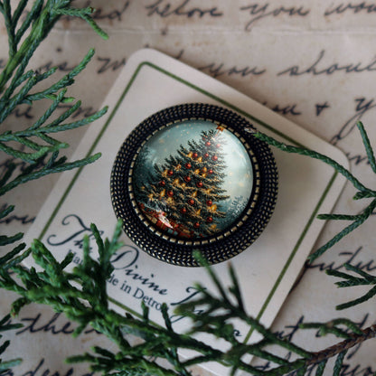 Victorian Christmas Tree Glass and Bronze Lever Back Brooch