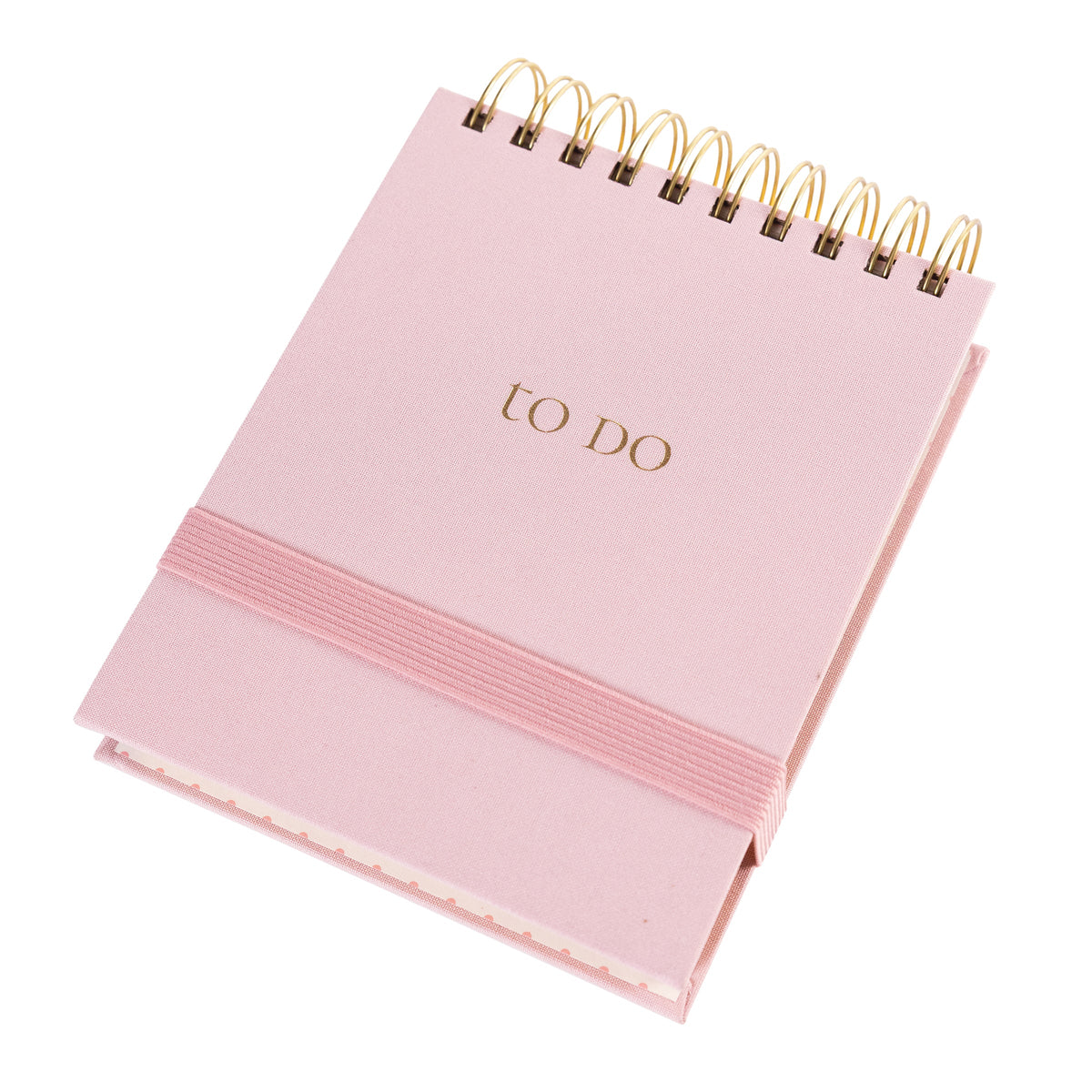 Blush Fabric-Bound Notepad, A blush pink fabric notepad with a gold foil to Do cover and a twin wire spiral binding.
