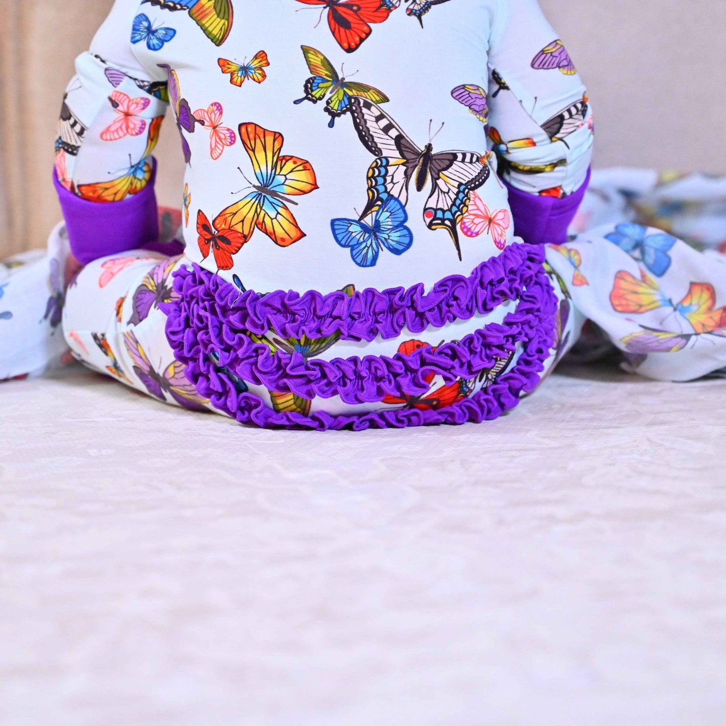 LollyBanks - Bamboo Baby Convertible Ruffle Zipper Pajamas - Butterfly