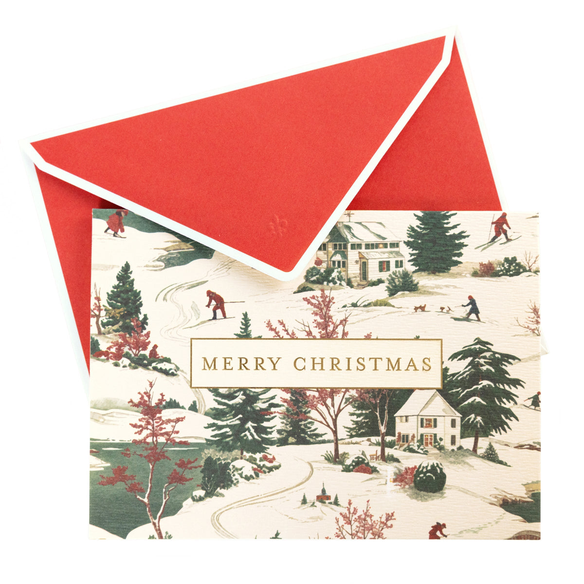 La Petite Noel Scene Holiday Boxed Correspondence Notes, A boxed Christmas correspondence card with a vintage winter village toile scene and Merry Christmas in a gold foil box.