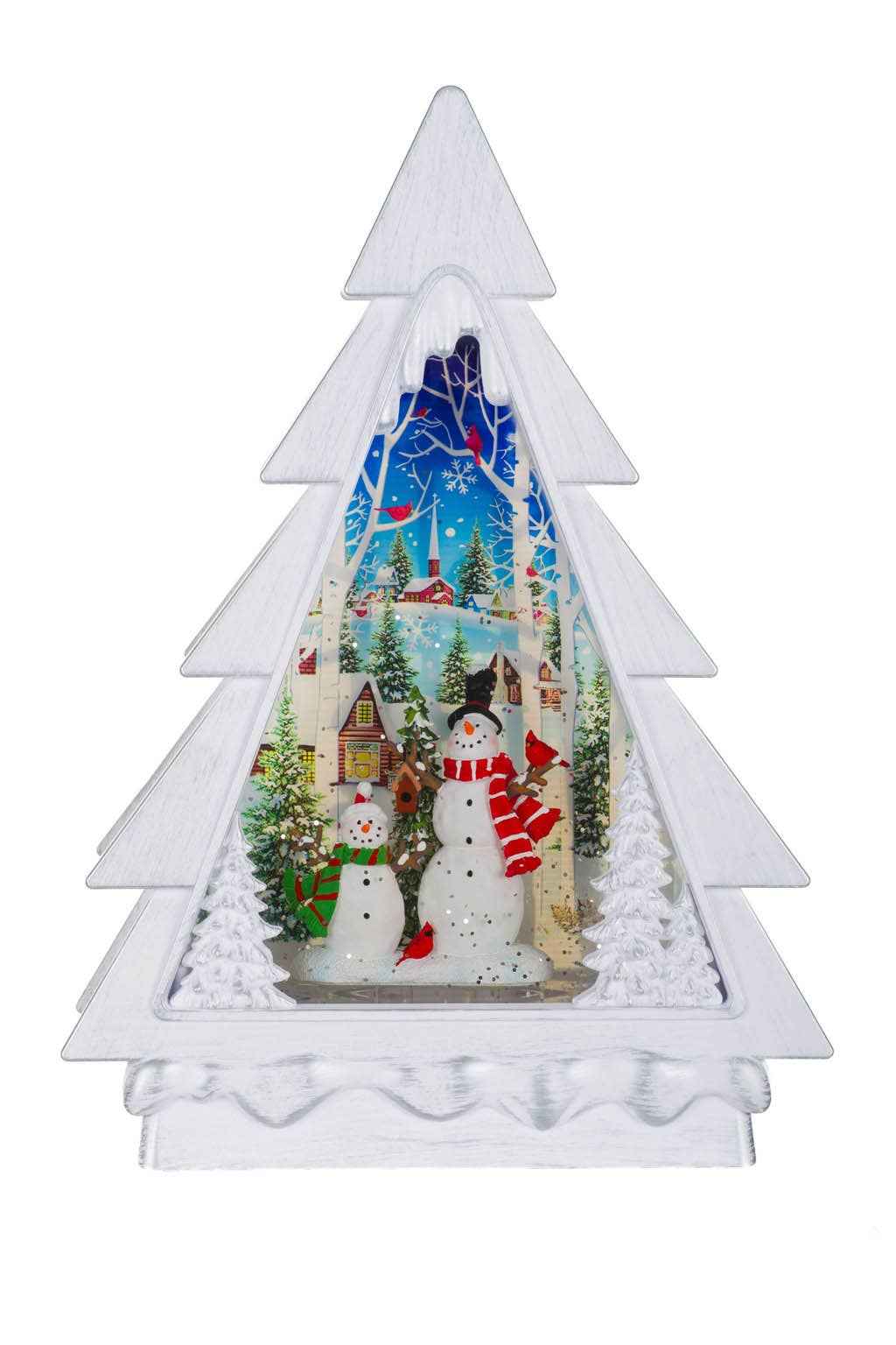 White Led Christmas Tree Snow Globe W/ Snowman'S Forest