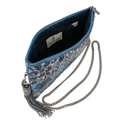 Work It Denim Blue Beaded Embellished Crossbody Clutch