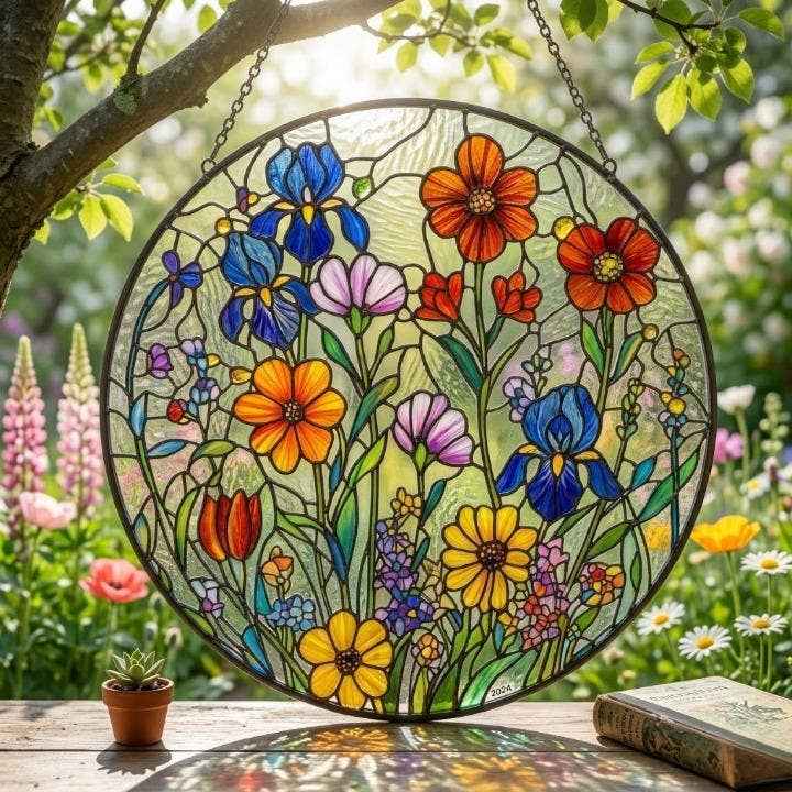 Wildflower Stained Glass Suncatcher, Colorful Garden Flower