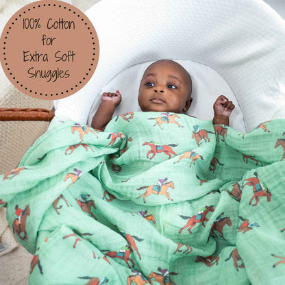 LollyBanks - Derby Days Horse Racing Theme Baby Muslin Swaddle Blanket