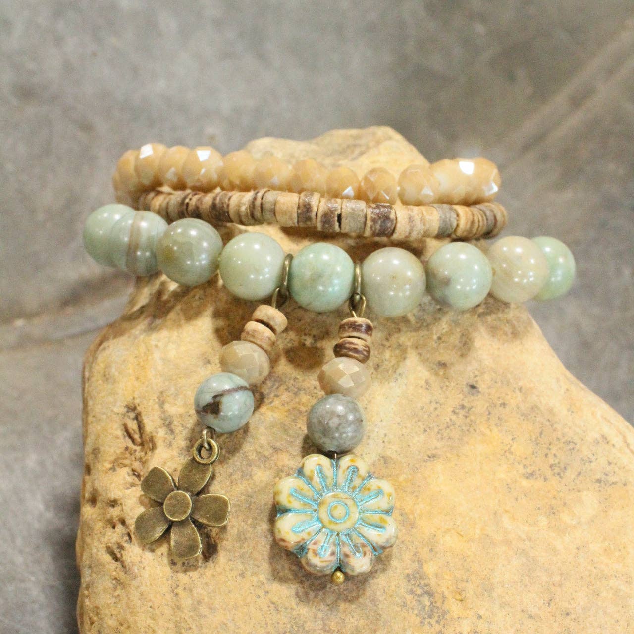 Stone, Glass, & Coconut Flower Dangle Bracelet Set