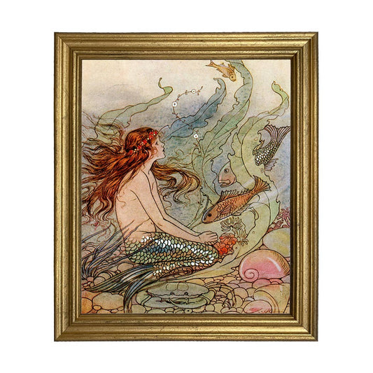 Mermaid Wishes Framed Print Behind Glass, Gold Frame
