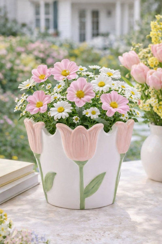White/Pink Tulip Planter -Spring