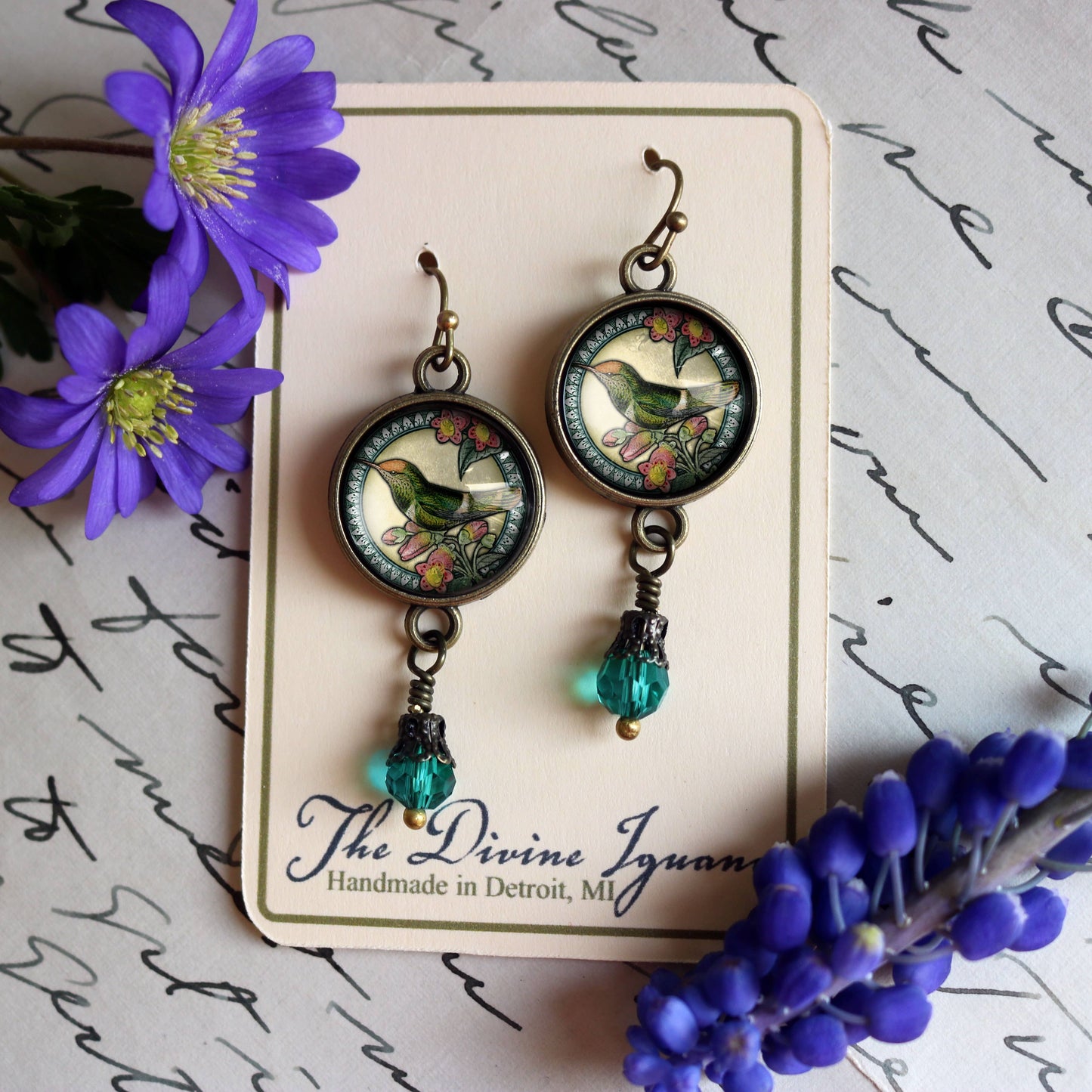 Hummingbird Vintage Inspired Glass Cabochon Earrings