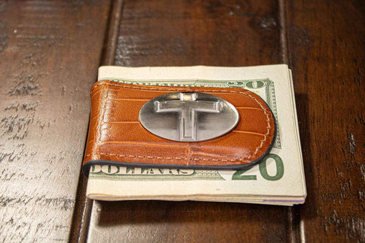 Christian Cross Leather Magnetic Money Clip Wallet: Croc Tan
