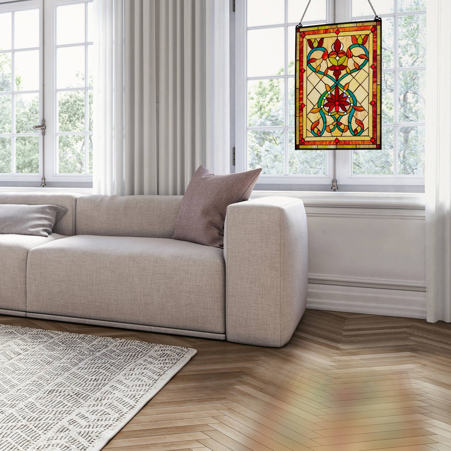 24" Amber Floral Stained Glass Window Panel