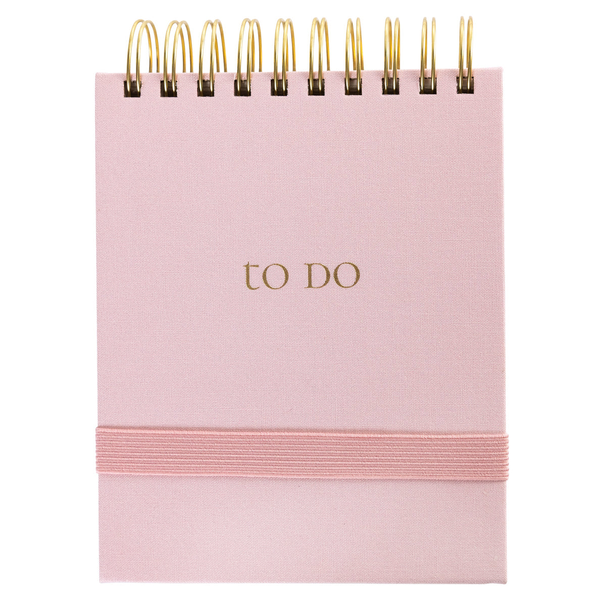 Blush Fabric-Bound Notepad, A blush pink fabric notepad with a gold foil to Do cover and a twin wire spiral binding.