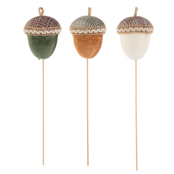 Fall Acorn Pick, Three fabric acorn picks on bamboo stems with plaid caps, in green, orange and cream.