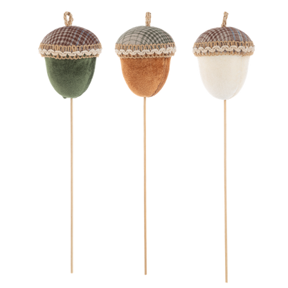 Fall Acorn Pick, Three fabric acorn picks on bamboo stems with plaid caps, in green, orange and cream.