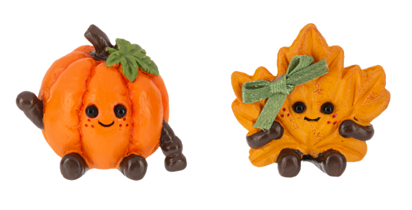 Fall Friend Pocket Charm, A smiling orange pumpkin figurine and a smiling maple leaf figurine with a green ribbon bow.