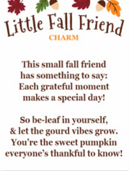 Fall Friend Pocket Charm, A smiling orange pumpkin figurine and a smiling maple leaf figurine with a green ribbon bow.
