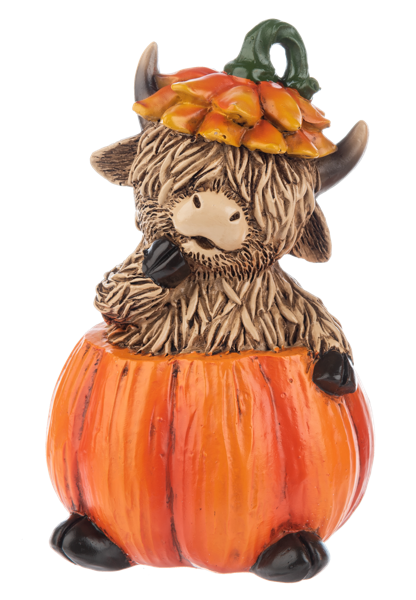 Fall Highland Cow Figurine, Two shaggy brown Highland cow figurines sitting in orange pumpkins, one in an orange petal hat and one wearing a pumpkin lid.