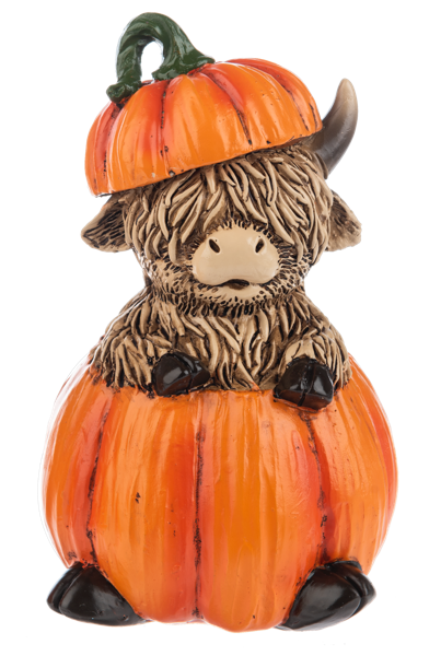 Fall Highland Cow Figurine, Two shaggy brown Highland cow figurines sitting in orange pumpkins, one in an orange petal hat and one wearing a pumpkin lid.