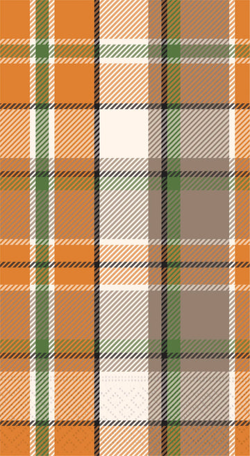 Fall Paper Guest Towel Napkin, A tall paper guest towel napkin in an orange, green, cream and taupe plaid.