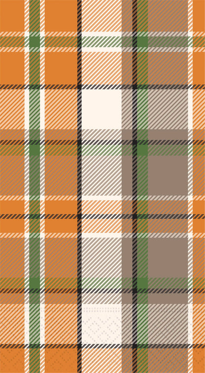 Fall Paper Guest Towel Napkin, A tall paper guest towel napkin in an orange, green, cream and taupe plaid.
