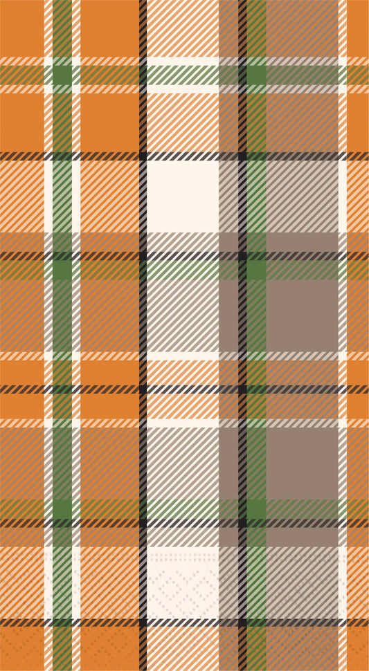 Fall Paper Guest Towel Napkin, A tall paper guest towel napkin in an orange, green, cream and taupe plaid.