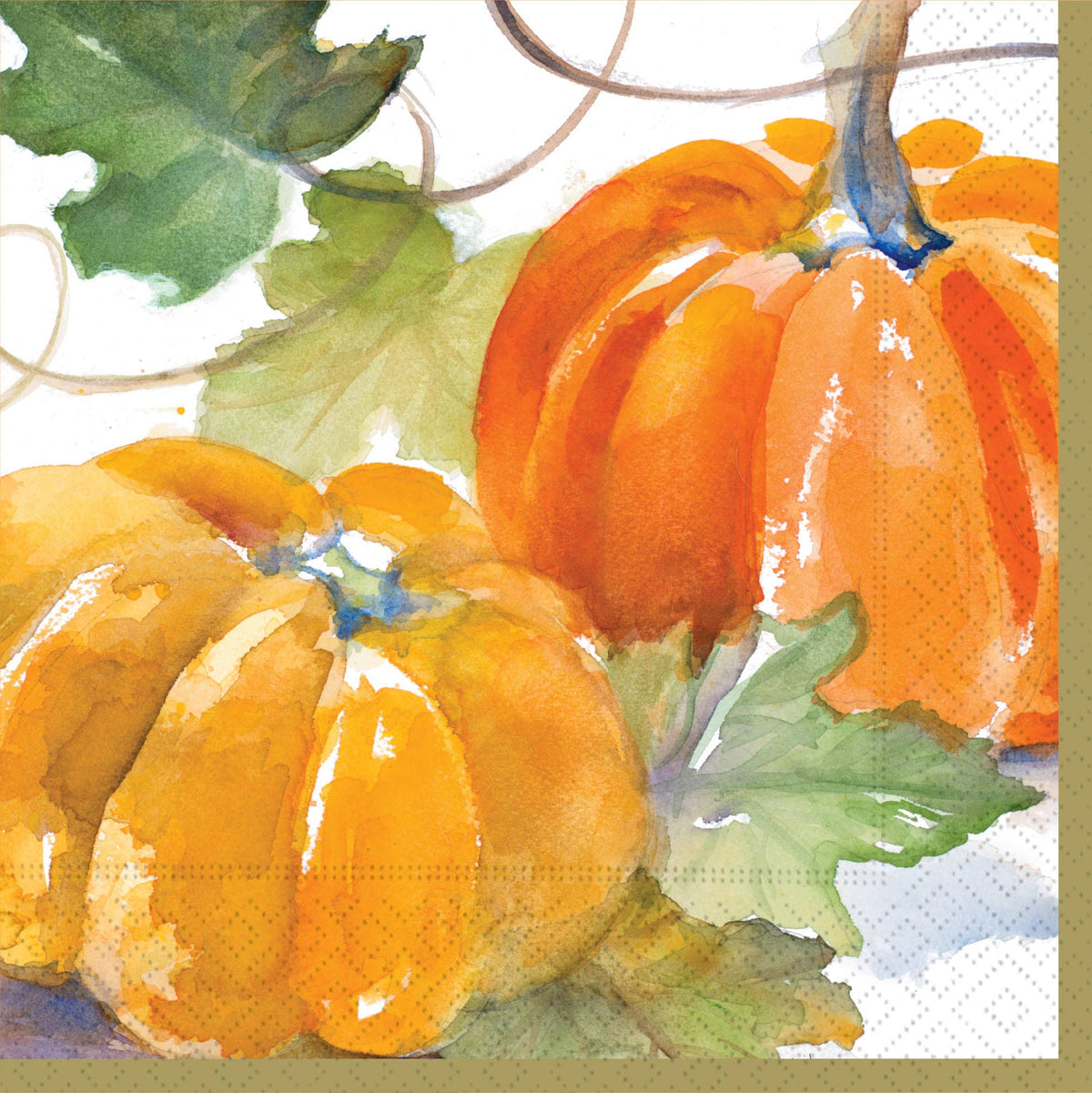 Fall Paper Luncheon Napkin, A square paper napkin painted in watercolor with two orange pumpkins and green leaves on white, edged with an olive gold border.