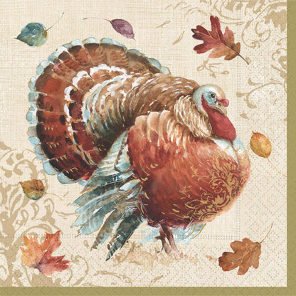 Fall Paper Luncheon Napkin, A square paper napkin painted in watercolor with two orange pumpkins and green leaves on white, edged with an olive gold border.