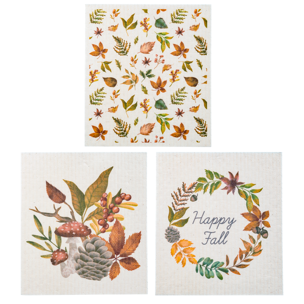 Fall Reusable Dish Cloth, Three square dish cloths printed with a Happy Fall leaf wreath, a mushroom and pinecone bouquet and a scatter of autumn leaves.
