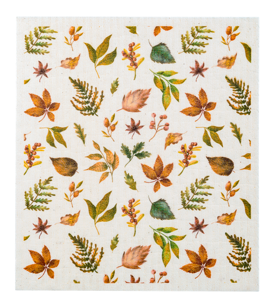 Fall Reusable Dish Cloth, Three square dish cloths printed with a Happy Fall leaf wreath, a mushroom and pinecone bouquet and a scatter of autumn leaves.