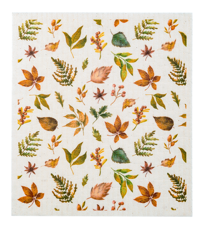 Fall Reusable Dish Cloth, Three square dish cloths printed with a Happy Fall leaf wreath, a mushroom and pinecone bouquet and a scatter of autumn leaves.