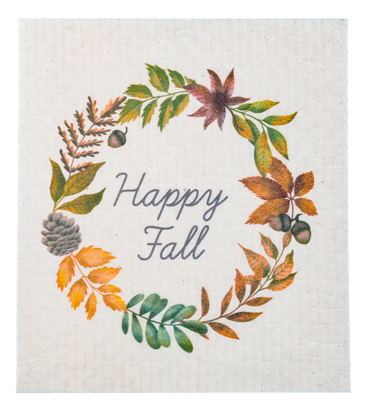 Fall Reusable Dish Cloth, Three square dish cloths printed with a Happy Fall leaf wreath, a mushroom and pinecone bouquet and a scatter of autumn leaves.