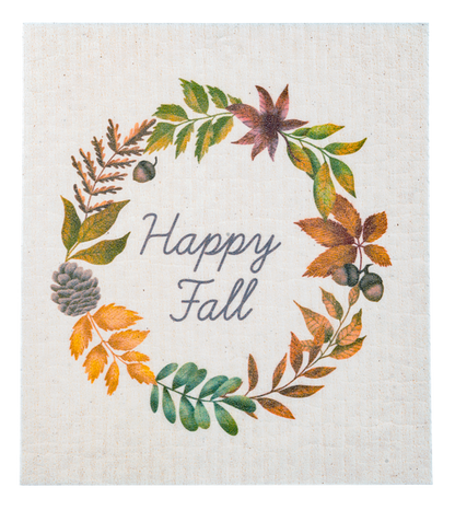 Fall Reusable Dish Cloth, Three square dish cloths printed with a Happy Fall leaf wreath, a mushroom and pinecone bouquet and a scatter of autumn leaves.