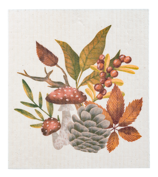 Fall Reusable Dish Cloth, Three square dish cloths printed with a Happy Fall leaf wreath, a mushroom and pinecone bouquet and a scatter of autumn leaves.