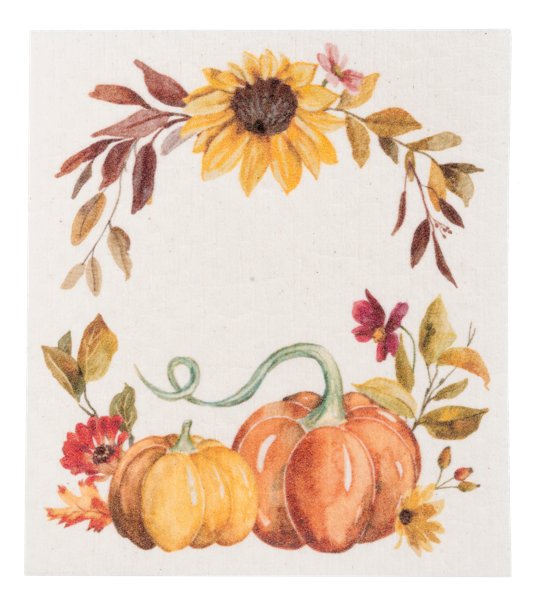Fall Reusable Dish Cloth, Three square dish cloths printed with a Happy Fall leaf wreath, a mushroom and pinecone bouquet and a scatter of autumn leaves.