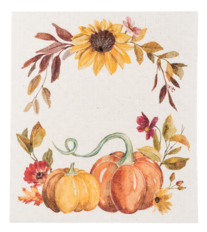 Fall Reusable Dish Cloth, Three square dish cloths printed with a Happy Fall leaf wreath, a mushroom and pinecone bouquet and a scatter of autumn leaves.