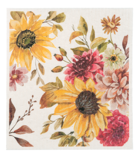 Fall Reusable Dish Cloth, Three square dish cloths printed with a Happy Fall leaf wreath, a mushroom and pinecone bouquet and a scatter of autumn leaves.