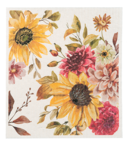 Fall Reusable Dish Cloth, Three square dish cloths printed with a Happy Fall leaf wreath, a mushroom and pinecone bouquet and a scatter of autumn leaves.