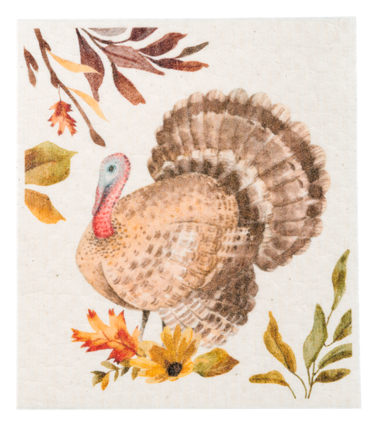 Fall Reusable Dish Cloth, Three square dish cloths printed with a Happy Fall leaf wreath, a mushroom and pinecone bouquet and a scatter of autumn leaves.