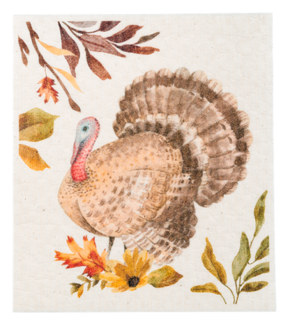 Fall Reusable Dish Cloth, Three square dish cloths printed with a Happy Fall leaf wreath, a mushroom and pinecone bouquet and a scatter of autumn leaves.