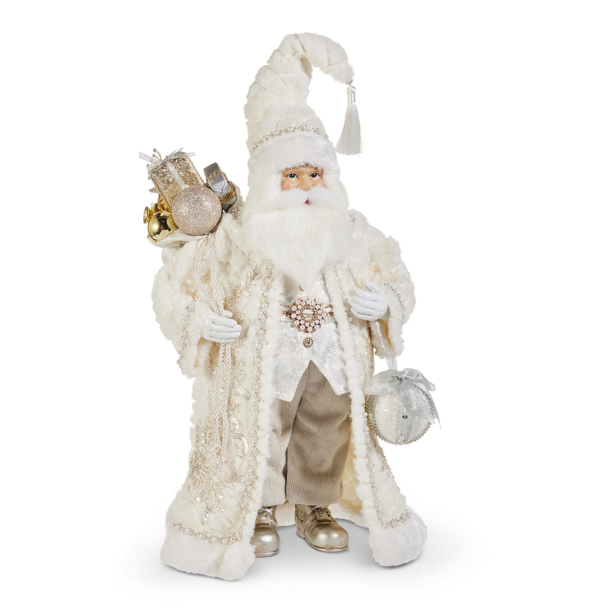 Father Christmas Figure in White Faux Fur Coat, A standing Father Christmas figure in a long white faux fur coat with pearl and gold trim, a tall tasseled cap and gold boots, carrying a sack of gold gifts and a glittered white ornament.