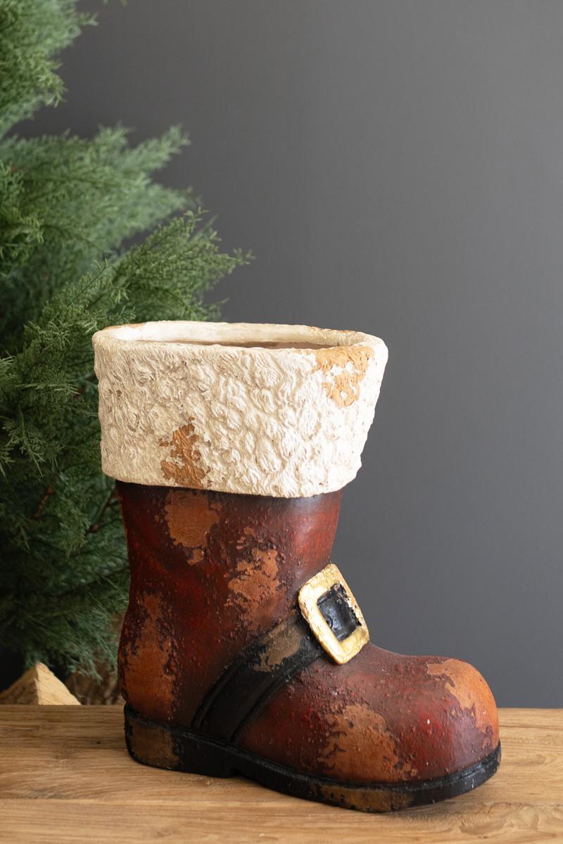 Faux Concrete Santa Boot, A large faux concrete Santa boot with an open top.